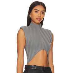 Brand New It’s Was A Gift Size S 75% Rayon, 25% Nylon Wide Ribbed Jersey Fabric Modern Fitted Gray Tops, Trendy Gray Stretch Knit Top, Modern Fitted Gray Top, Gray Oversized Top With Ribbed Collar, Chic Gray Stretch Knit Top, Gray Stretch Knit Top, Stretch Knit Tops With Hollow Out Details, Polka Dot Crop Top, Crossover Top