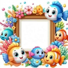 a frame with many different colored fish around it