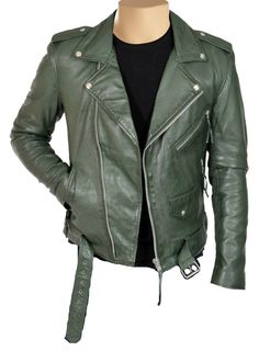 All items are handmade and personalized for the customers. THIS IS A MEDIUM SIZE JACKET BEING SOLD AT A DISCOUNT The Sergeant Leather Jacket in an olive green color will make you stand out in any occasion. You love this jacket but do a few things about this jacket bother you? Let us know in the comments section if you want to change something about this style or add or remove pockets etc. We can definitely cater to your needs. If you want this jacket in a women's fitting that can be arranged as Green Leather Jacket Outfit, Olive Green Leather Jacket, Leather Jacket With Belt, Green Leather Jacket, Style Leather Jacket, Lambskin Jacket, Green Leather Jackets, Racer Jacket, Cyberpunk Fashion