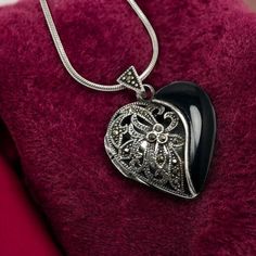 "Hello and welcome, Gorgeous, vintage, Art Deco, heart locket pendant necklace. Sterling silver set with black onyx and Marcasite. Stamped 925. Chain 16\", 925, from India." Black Heart-shaped Gemstone Jewelry, Black Heart Pendant Jewelry For Formal Occasions, Black Costume Jewelry As A Gift, Hallmarked Heart-shaped Victorian Jewelry, Victorian Heart-shaped Hallmarked Jewelry, Vintage Heart-shaped Jewelry With Large Pendant, Vintage Heart Shaped Jewelry With Large Pendant, Vintage Heart-shaped Large Pendant Jewelry, Vintage Sterling Silver Necklaces For Valentine's Day