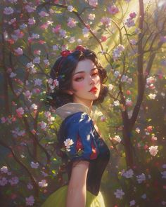 a painting of snow white in front of some trees with flowers on it and sunlight shining through the branches