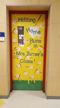 a door decorated with the words hitting home runs in mrs turner's class