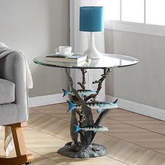 Barracuda End Table Boat Bathroom, Cosy Apartment, Iron Accents, Artisan Furniture, Glass End Tables, Fish Sculpture, Aluminum Table, False Ceiling, Furniture Maker