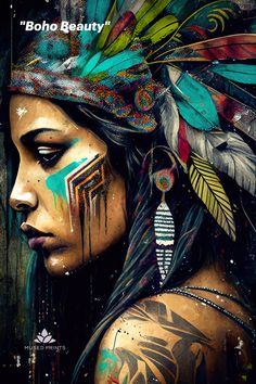 a painting of a woman with feathers on her head and the words boho beauty