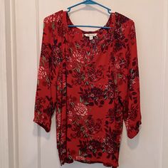 The Pioneer Women Size- Xxl 3/4” Sleeve With Elastic At Cuff Red With Flowers Never Worn Flowers Color, Red Blouse, The Pioneer Woman, Black Flowers, Pioneer Woman, Red Blouses, Black Red, Black And Red, Top Blouse