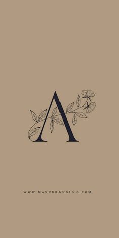 the letter a with leaves and flowers on it's side is shown in black