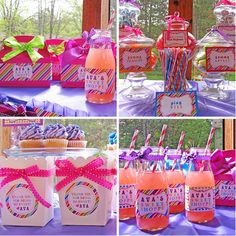 a collage of photos with cupcakes, candy and drinks on the table