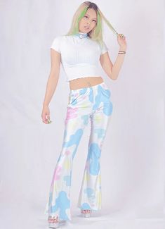 Pastel Cow Print Flare Pants – In Control Clothing Pastel Cow Print, Kawaii Cow, Print Flare Pants, Clothing Kawaii, Flare Bottoms, Kidcore Aesthetic, Leggings Style, Printed Flare Pants, Y2k Party