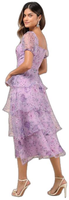 Formal Floral Organza Dress, Formal Floral Print Organza Dress, Floral Organza Dress, Organza Dress, Tiered Midi Dress, Purple Floral, Special Occasion, Midi Dress, Purple