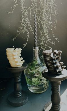 two vases with plants in them sitting next to each other on a table top