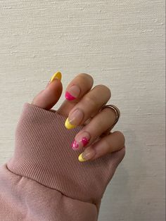 Pink And Yellow Nails, Ring Finger Nails, Nail Tip Designs, Soft Nails, Dark Nails, Nail Jewelry, Pink Acrylic Nails, Nails Desing, Yellow Nails