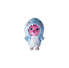 a blue and pink stuffed animal with big eyes on it's head, standing in front of a white background