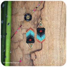 Miyuki Delica and macrame woven earrings Black turquoise red | Etsy Graphic Jewelry, Woven Earrings, Seed Bead Flowers, Ethnic Chic, Bohemian Chic Fashion, Chevron Patterns, Black Turquoise, Pink Chevron, Boho Chic Jewelry