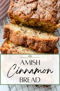 two slices of cinnamon bread sitting on top of a cooling rack with text overlay