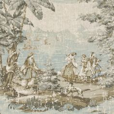 an old wallpaper with people and animals in the woods, on it's side