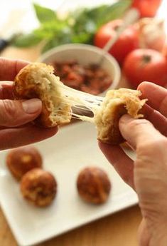 two hands holding food over a white plate with tomatoes and other vegetables in the background