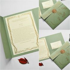 the inside of a green and gold wedding card