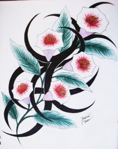 a drawing of flowers and leaves on a white paper with black swirls around them