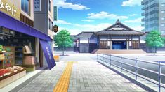 an anime street scene with buildings and shops on the side walk in front of it