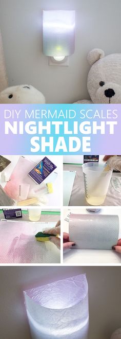 this is a collage of photos with the words diy mermaid scales nightlight shade