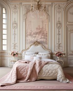 a large bed sitting in a bedroom next to a chandelier