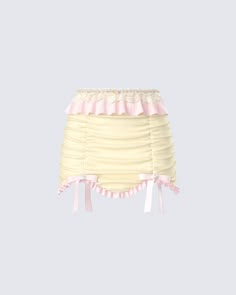 Gotta look out for the innocent looking ones 💕 Made from georgette fabric with a satin and lace trim, draped hemline shape, and a satin bow + pearl trim - this pastel mini skirt is designed for all our coquette babes 😜 Side Ruffle Skirt, Coquette Skirt, Pastel Clothes, Short Ruffle Skirt, Pastel Mini, Pastel Skirt, Ruffled Mini Skirt, Sparkle Skirt, Ruffle Mini Skirt