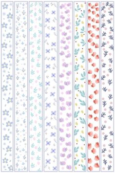 four rows of different colored flowers and leaves on white paper with blue trimmings