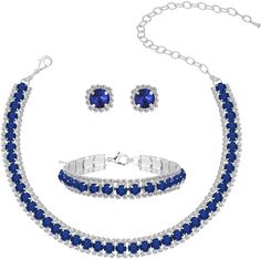 PRICES MAY VARY. ♥ Blue and silver rhinestone crystal jewelry set for women ♥: Brand Name: Paxuan. Material: AAA Austrian Crystal. Size: Necklace: 12'' + 7.5'' extension. Earrings: 2.2'' in length, 0.6'' in width. Bracelet: 7.5'' + 2.5'' extension. Quantity: Necklace + Earrings + Bracelet. Color: Silver plated blue crystal(Great for wedding or prom dress). ♥ Blue diamond rhinestone choker necklace set♥: silver formal bling blue jewelry for women evening wear can always keep pace with fashion, ne Bridesmaids Party, Tennis Design, Blue Jewelry Set, Costume Jewelry Sets, Silver Bling, Rhinestone Choker Necklace, Crystal Choker Necklace, Crystal Jewelry Sets, Choker Necklace Set