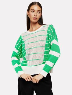 A blend of delicacy, wearability and breathability, the Stripe sweater is a relaxed-fit Summer knit, finished in Pointelle fabric. With classic, contrasting stripe, and block detail, wear with wide-leg trousers, or your favourite denim for a casual yet elevated look. Relaxed fit Round neckline Pointelle finish Colourblock Stripe detail 70% cotton | 20% nylon | 10% silk Machine wash Gabriella is 5'9 and wears a size M Machine washable at 30°C Wash on a delicate wash and short spin cycle Use non-b Pointelle Fabric, Open Stitch Sweater, Stitch Sweater, Fit Summer, Summer Knitting, Spin Cycle, Wide Leg Trousers, Stripe Sweater, Round Neckline