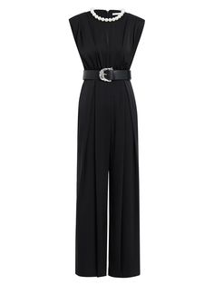 Black Sleeveless Jumpsuit Formal Black Belted Jumpsuit, Sleek Summer Formal Jumpsuits And Rompers, Sleek Summer Jumpsuits And Rompers For Formal Occasions, Sleek Formal Jumpsuits And Rompers For Summer, Sleeveless Belted Jumpsuits And Rompers For Evening, Fitted Belted Evening Pantsuit, Elegant Belted Pantsuit For Evening, Elegant Tailored Evening Jumpsuits And Rompers, Elegant Tailored Sleeveless Jumpsuits And Rompers