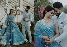 25 Minimalistic Bridal Lehengas you can mix-n-match for a whole new stunning look! | Fashion | WeddingSutra Simple Indian Engagement Look, Simple Indian Engagement Outfits, Blue Engagement Dress Indian, Day Engagement Outfit Indian, Pastel Engagement Lehenga, Dusty Blue Lehenga, Contrast Colour Combination Bride And Groom, Pastel Couple Outfit, Engagement Lehenga Indian Couple