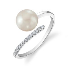 This exquisite pearl ring features an 8.0-8.5mm AA+ quality Japanese Akoya pearl , hand-picked for it's incredible luster and overtones. This ring is mounted on a pavé-set diamonds band on one side, contrasted by and a single band of the finest 14K gold on the other. Pearl Rings With Brilliant Cut, Brilliant Cut Pearl Ring, Fine Jewelry Pearl Drop Ring, Fine Jewelry Pearl Ring In Diamond White, Elegant Pearl Ring With Pave Setting For Anniversary, Formal Open Pearl Ring, Fine Jewelry Diamond White Pearl Rings, Pearl White Round Rings With Brilliant Cut, Pearl White Rings With Brilliant Cut