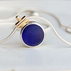 Deep Cobalt Blue Sea Glass Silver & Gold Necklace ALLURE Collection by Booblinka Jewellery Sea Glass Mirror, Blue Sea Glass Necklace, Cornish Coast, Sea Glass Pendant, Blue Sea Glass, Blue Pendant, Sea Glass Necklace, Hand Shapes, The Atlantic