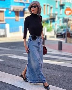 "Casual and Chic: Denim Skirt Looks You'll Love" Denim On Denim Outfit Women, Denim Maxi Skirt Outfit Spring 2024, Style Denim Midi Skirt, Denim Jeans To Skirt, Denim Long Skirt Outfit Ideas, How To Style A Long Denim Skirt, How To Style Long Denim Skirt, Denim And Black Outfits, Long Jeans Skirt Outfit