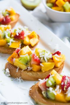 tropical bruschetta with fresh fruit and coconut