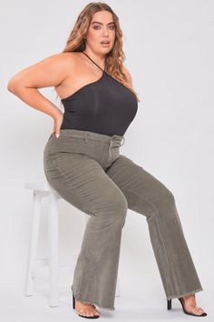 Step up your vintage style in our Women's Plus Corduroy Flare. These bell-bottom pants are in a textured corduroy and flare silhouette. Designed slim in the hips and thighs, as well as with a high-rise and a seam behind the knee for an extra flattering fit. Featuring a frayed hem to spice things up! We love these styled with a band tee and sneakers for a trendy look or a sweater vest and booties.Product Details- High-Rise - 1-Button Closure with Zipper - 5 Pocket Construction- Flare Silhouette S Corduroy Flare Pants, Ymi Jeans, Summer Jeans, Bell Bottom Pants, Olive Color, Taupe Color, Bell Bottom, Band Tees, Flare Pants