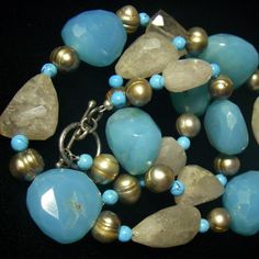 Blue Chalcedony, Rutilated Quartz, Pearl, Turquoise, Silver Necklace Luxury Turquoise Chalcedony Jewelry, Elegant Turquoise Necklace With Faceted Beads As Gift, Turquoise Faceted Amazonite Jewelry, Faceted Turquoise Amazonite Jewelry, Turquoise Faceted Bohemian Jewelry, Unique Turquoise Necklaces With Faceted Beads, Turquoise Faceted Necklaces For Jewelry Making, Chunky Statement Necklace, Colored Stones