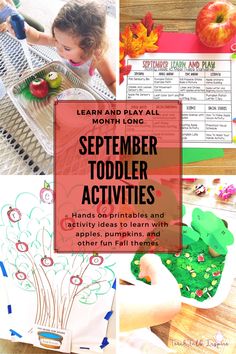 a collage of activities for toddlers to do with autumn leaves, apples and other things