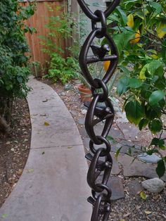 a metal chain hanging from a tree near a fence and trees in the back yard