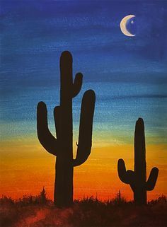 a painting of two cactus trees and the moon in the sky above them at sunset