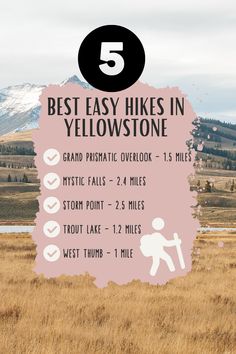 A list of Yellowstone's 5 best easy hikes sits on a pink background over a mountain scene. The 5 hikes are: 
Grand Prismatic Overlook - 1.5 Miles

Mystic Falls - 2.4 Miles

Storm Point - 2.5 Miles

Trout Lake - 1.2 Miles

West Thumb - 1 Mile Travel To Yellowstone National Park, Hiking In Yellowstone National Park, Yellowstone Hikes, Yellowstone National Park Itenary, Jackson Hole Vacation, Best Yellowstone Hikes, Yellowstone National Park Guided Tours