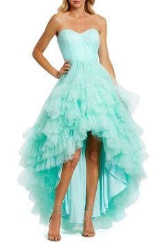 A frothy cascade of tulle ruffles creates dramatic allure on this event-ready strapless dress that's styled with a high-low silhouette. 38" front length; 48 1/2" back length Hidden back-zip closure Sweetheart neck Strapless High-low hem 100% polyester Spot clean Imported Asian Owned/Founded Mac Duggal Prom, High Low Evening Dresses, Tiered Prom Dress, High Low Prom Dress, High Low Gown, Strapless Evening Dress, Homecoming Dresses Long, Dusty Rose Dress, Designer Prom Dresses