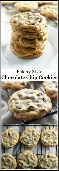 chocolate chip cookies stacked on top of each other with the words, bakery style chocolate chip cookies