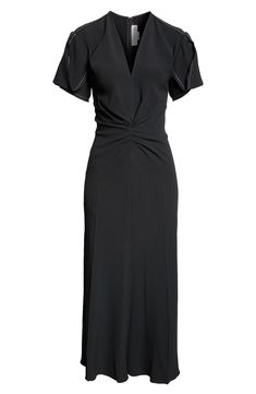 Sophistication and ease collide in this retro-modern midi that celebrates your figure with a gathered, curved V-neck bodice and waist-defining pleats. Exposed seams with contrast pickstitching highlight the structured short sleeves and back of the wear-anywhere piece. Hidden back-zip closure Deep V-neck Short sleeves 50% viscose, 47% acetate, 3% elastane Dry clean Made in Portugal Designer Clothing Designer Clothing Brands, Exposed Seams, Ruched Midi Dress, Victoria Dress, Green Midi Dress, Midi Dress With Sleeves, Long Sleeve Midi, Retro Modern, Blue Midi Dress