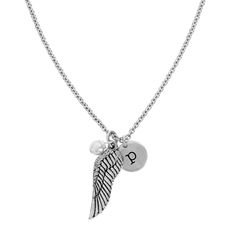 Angel Wing Necklace - The Angel Wing is a symbol of grace, protection and love. We all need a little reminder sometimes, and with this collection, you can wear your inspiration on your neck, ears, and wrist. This necklace features a single angel wing, hand carved then cast in pewter, a small glass pearl and a small aluminum medallion, which can be personalized with a single lower case letter. A great gift for that special someone in your life. #jewelry #necklace Angel Wing Bracelet, Faith Necklace, Angel Wing Necklace, Angel Wing Earrings, Wing Necklace, Lower Case, Wing Earrings