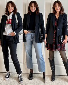 Looks With Blazers For Women, College Blazer Outfit, Layer Blazer Outfit, Men’s Blazer Outfits Women, Sweatshirt And Blazer Outfit, Black Corduroy Blazer Outfit, Lose Blazer Outfit, Black Longline Blazer Outfit, Hooded Blazer Outfit