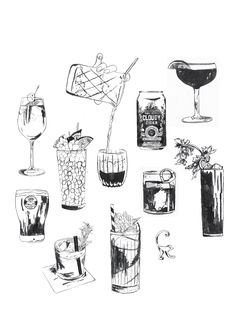 a black and white drawing of various drinks