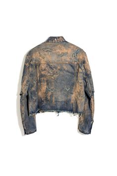 Embrace the perfect fusion of street style and craftsmanship with our Distressed Muddy Denim Jacket. This unique jacket features a "dirty fit" look, with a surface designed to appear as though it has been dyed with mud, creating a rugged and edgy aesthetic. The front showcases a patchwork design with two flap pockets on the chest for added functionality. The hem and cuffs are frayed, adding to the distressed appeal. Additionally, the front, back, and sleeves are meticulously distressed to enhanc Distressed Cardigan, Activewear Photoshoot, Hoodie Ideas, Clothes Wishlist, Edgy Aesthetic, Unique Jackets, Denim Projects, Patchwork Denim, Denim Patchwork