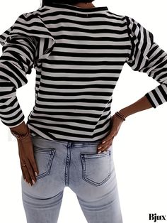 Bjux - Womens Long Sleeve T-Shirt with Striped Print and Ruffle Trim - A Stylish and Versatile Addition to Your Spring and Fall Wardrobe Ruffle Sleeves Pattern, Fall Care, Ruffle Trim, Spring And Fall, Fall Wardrobe, Women Long Sleeve, Types Of Printing, Long Sleeve Tshirt, Types Of Sleeves