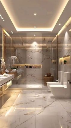 a large bathroom with marble floors and walls